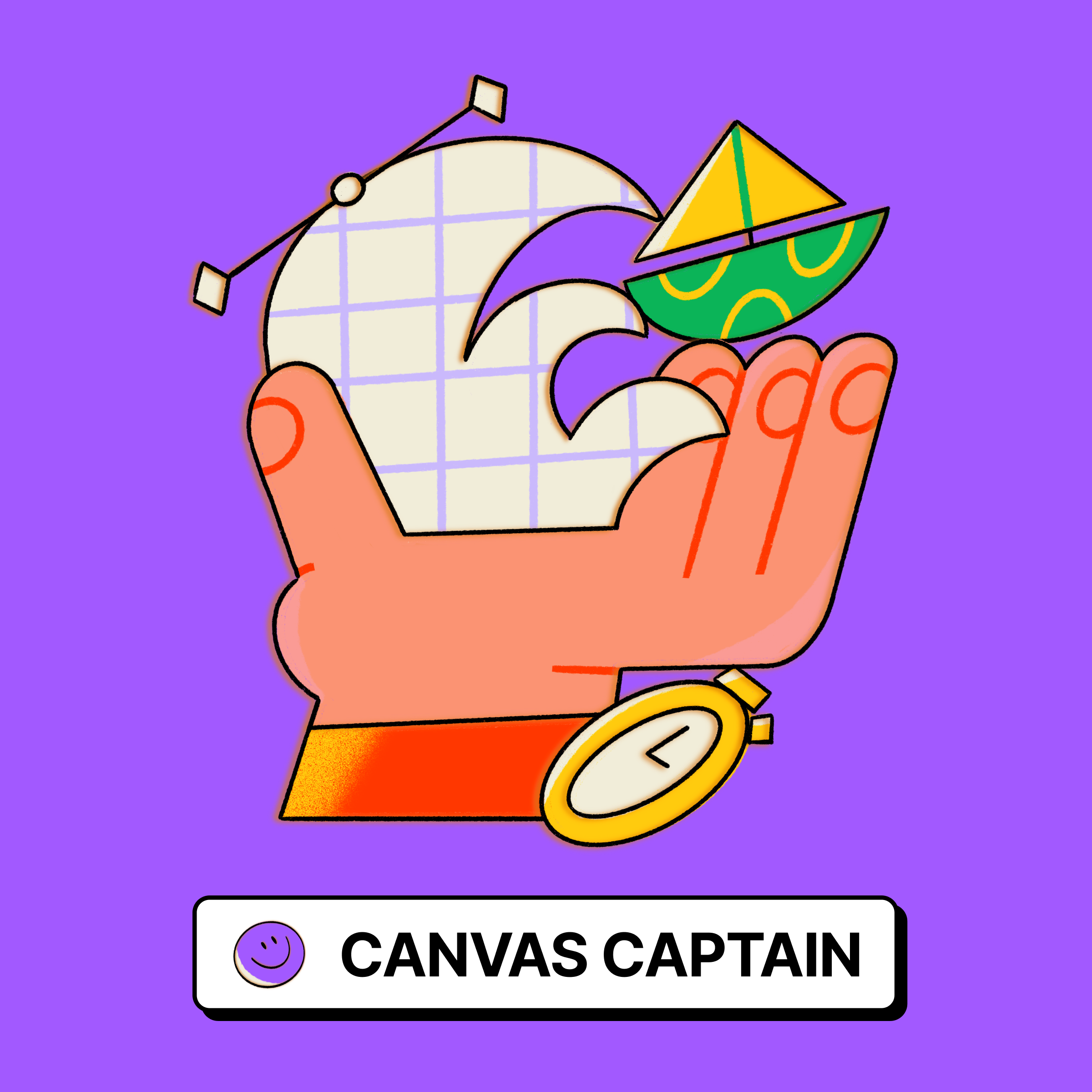 A large hand open upward holding a wavelike shape with a boat on its crest. The hand has a watch around the wrist.