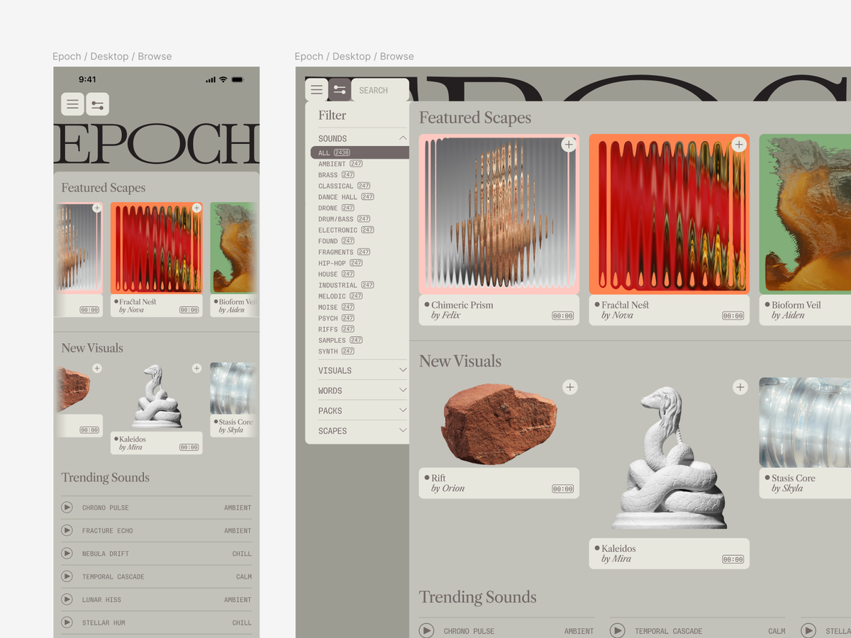 Figma Weave 3D 工作流產出的 Epoch 品牌桌機與行動版網頁設計