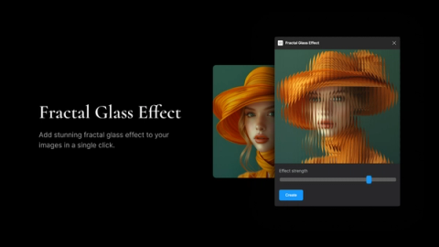 A dark background featuring a portrait of a woman in an orange hat, partially distorted by a fractal glass effect. The tool interface allows adjustment of the effect strength, with a slider and "Create" button.