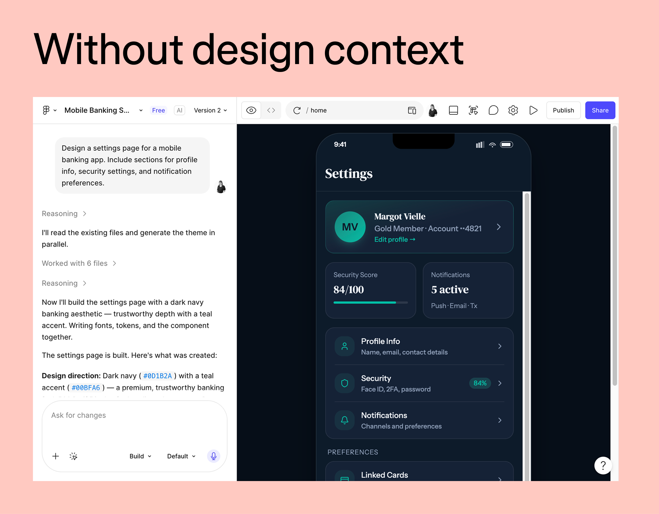 A graphic shows screenshots of a Figma Make prompt and its result, with and without design context.