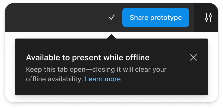 UX screenshot with a tooltip that reads "Available to present while offline. Keep this tab open—closing it will clear your offline availability." There is a blue link to "learn more."
