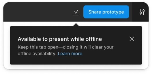 UX screenshot with a tooltip that reads "Available to present while offline. Keep this tab open—closing it will clear your offline availability." There is a blue link to "learn more."