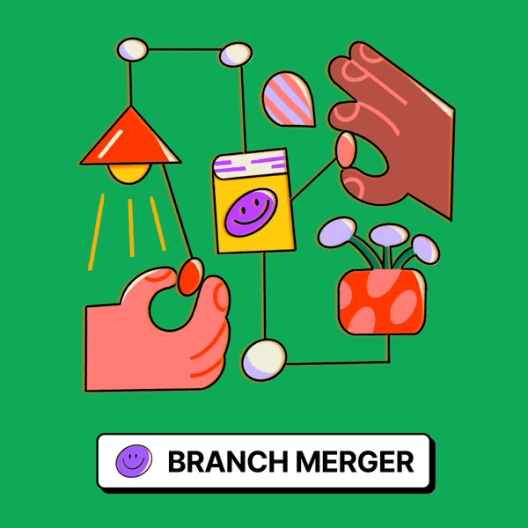 Two large hands entering from either side of the image, one pulling a string to turn on a light bulb, the other holding the dot of an exclamation mark being pulled out of a book. Beneath the hand are three flowers in a rectangular vase.