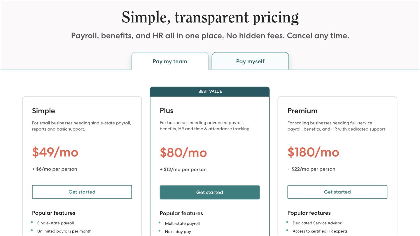 The pricing page on the Gusto website.