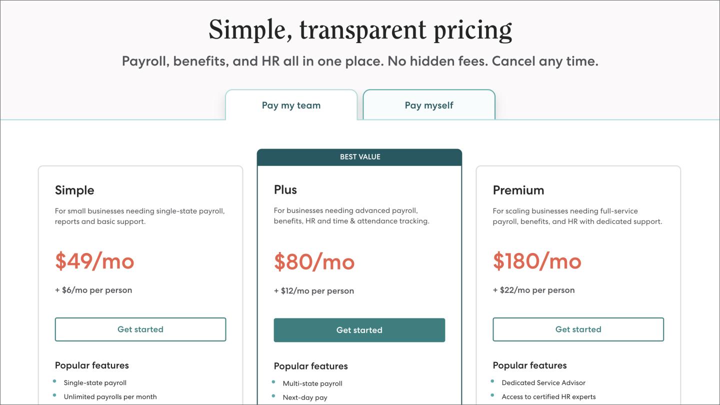 The pricing page on the Gusto website.