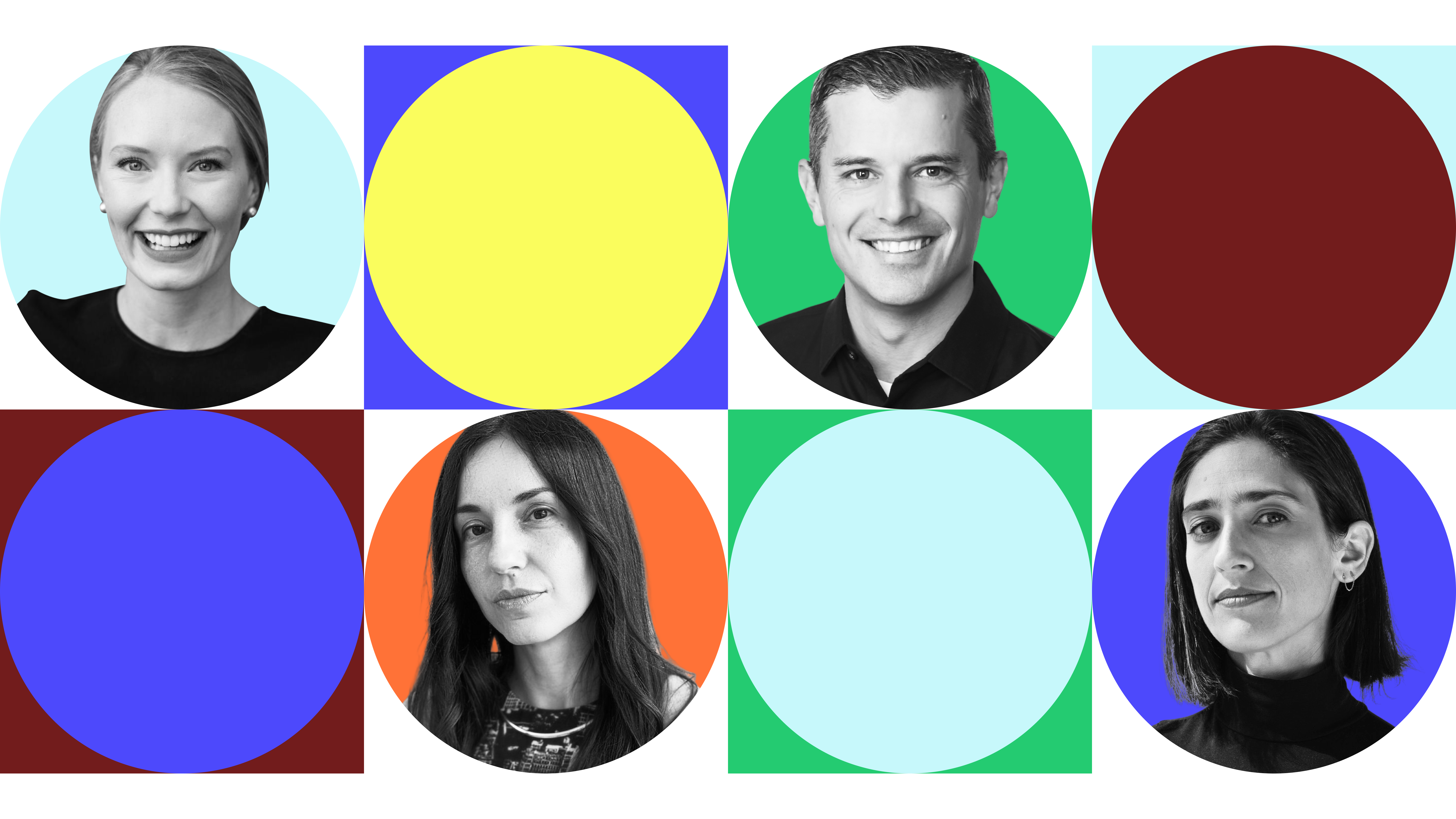 Four black-and-white headshots arranged in a grid, each within a colored circle background (light blue, green, orange, blue) and alternating with solid color circles (yellow, maroon, blue, light blue).