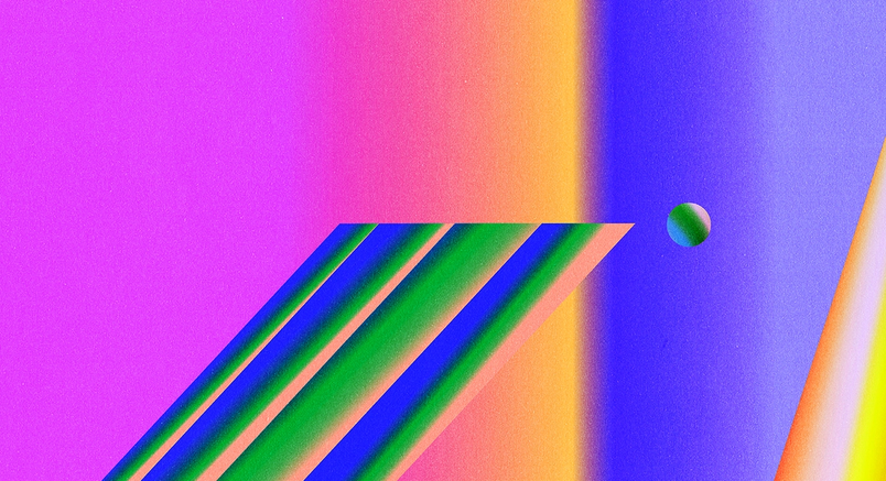 Abstract digital artwork with a pink background and a sweeping golden curve releasing a trail of rainbow-colored spheres that shrink into the distance.