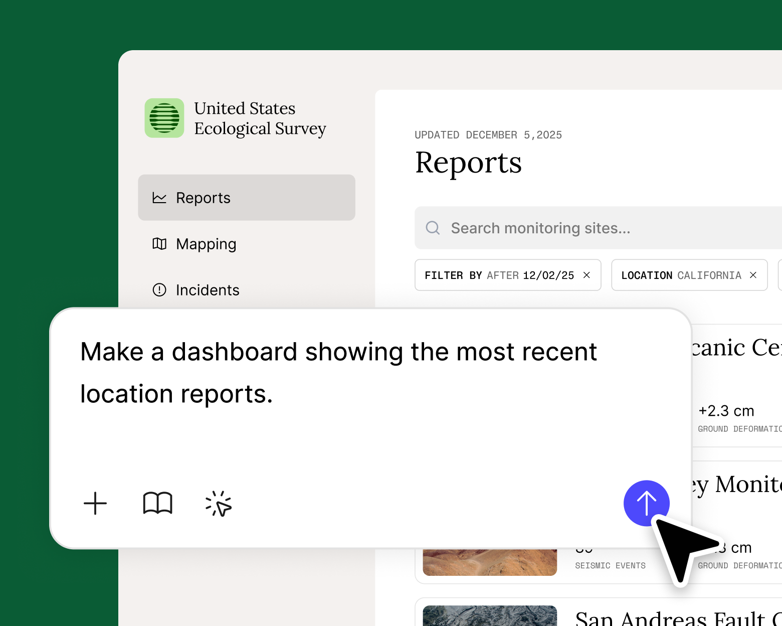 a prompt modal hovering over the united states ecological survey make design