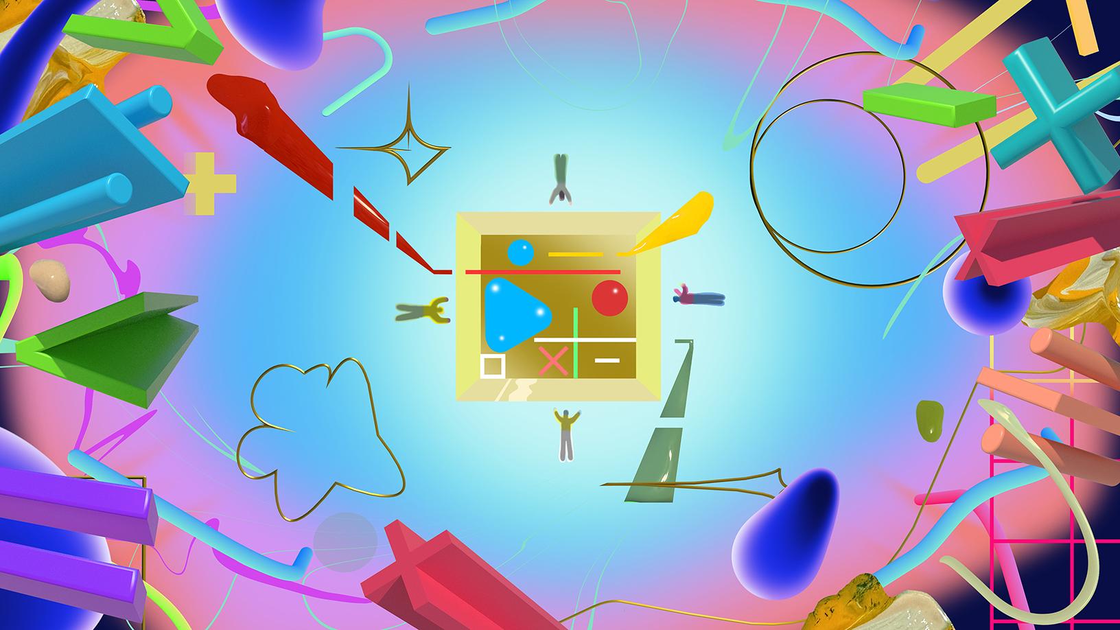 Colorful abstract 3D artwork featuring a central yellow square containing geometric interface elements like a play button, lines, and shapes. Surrounding it are floating multicolored objects, including arrows, orbs, sparkles, and stick-figure characters, all on a vibrant gradient background of blue, pink, and purple.
