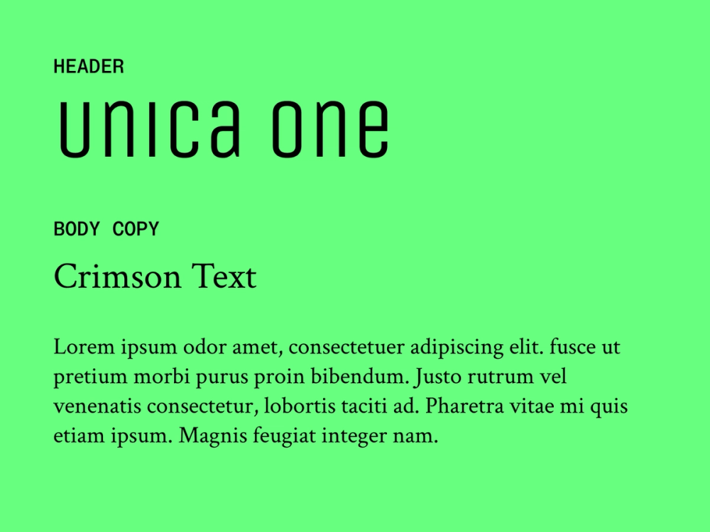 Example text showing Unica One and Crimson Text as a font pairing.