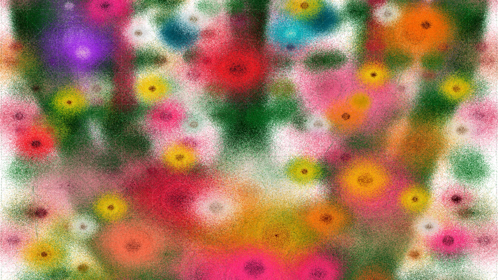 Colorful abstract image of soft, speckled flower-like bursts in pink, yellow, green, orange, and purple scattered across the frame.