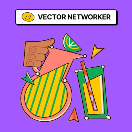 A large hand tilting a pitcher towards a geometric glass full of liquid with a straw in it. There is a fruitlike shape balanced on the pitcher, mouse pointer shapes, among others, decorating the top of the image.