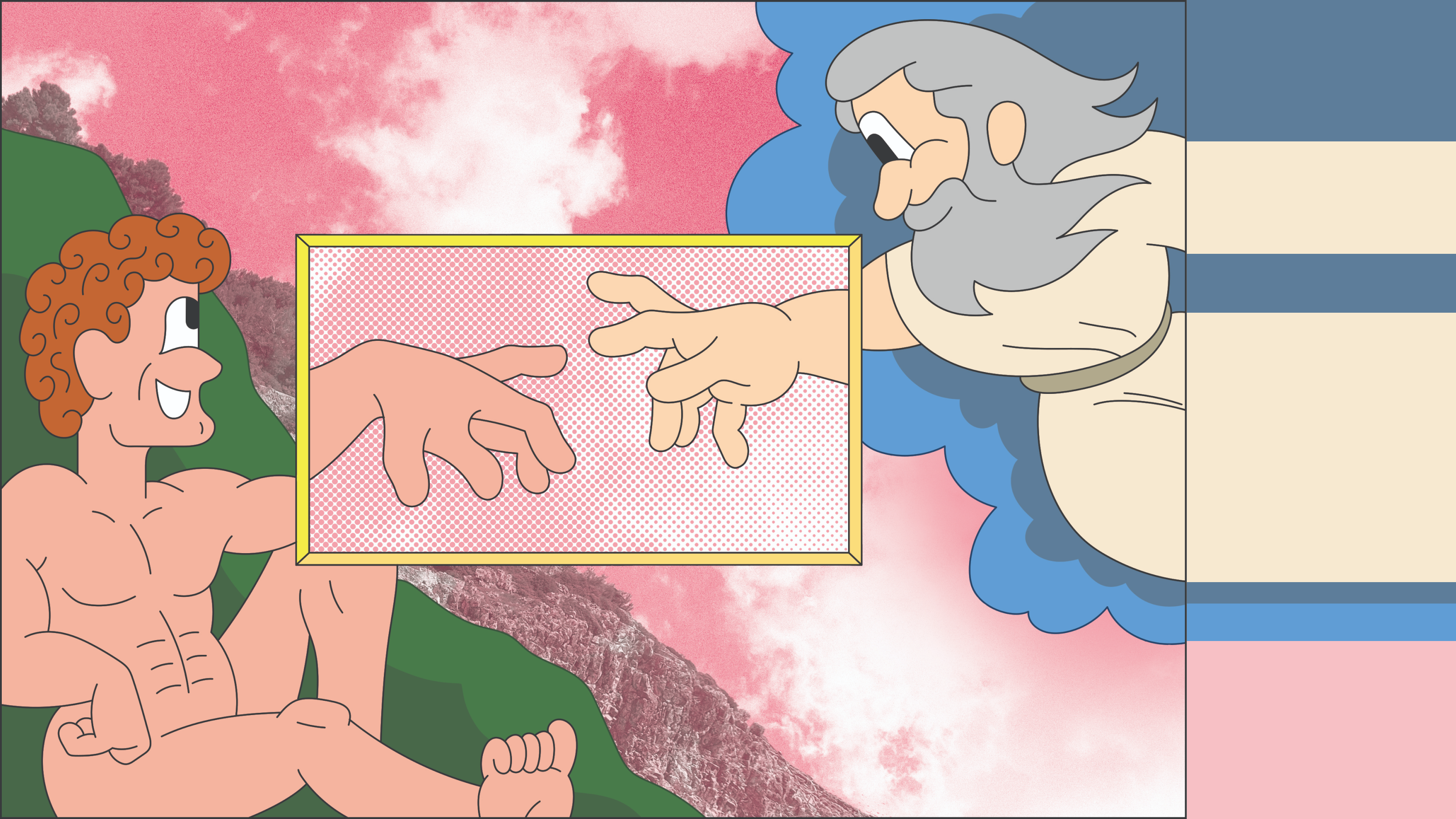 Illustration mimicking Michelangelo’s The Creation of Adam with a zoomed-in inset showing the hands have too many fingers