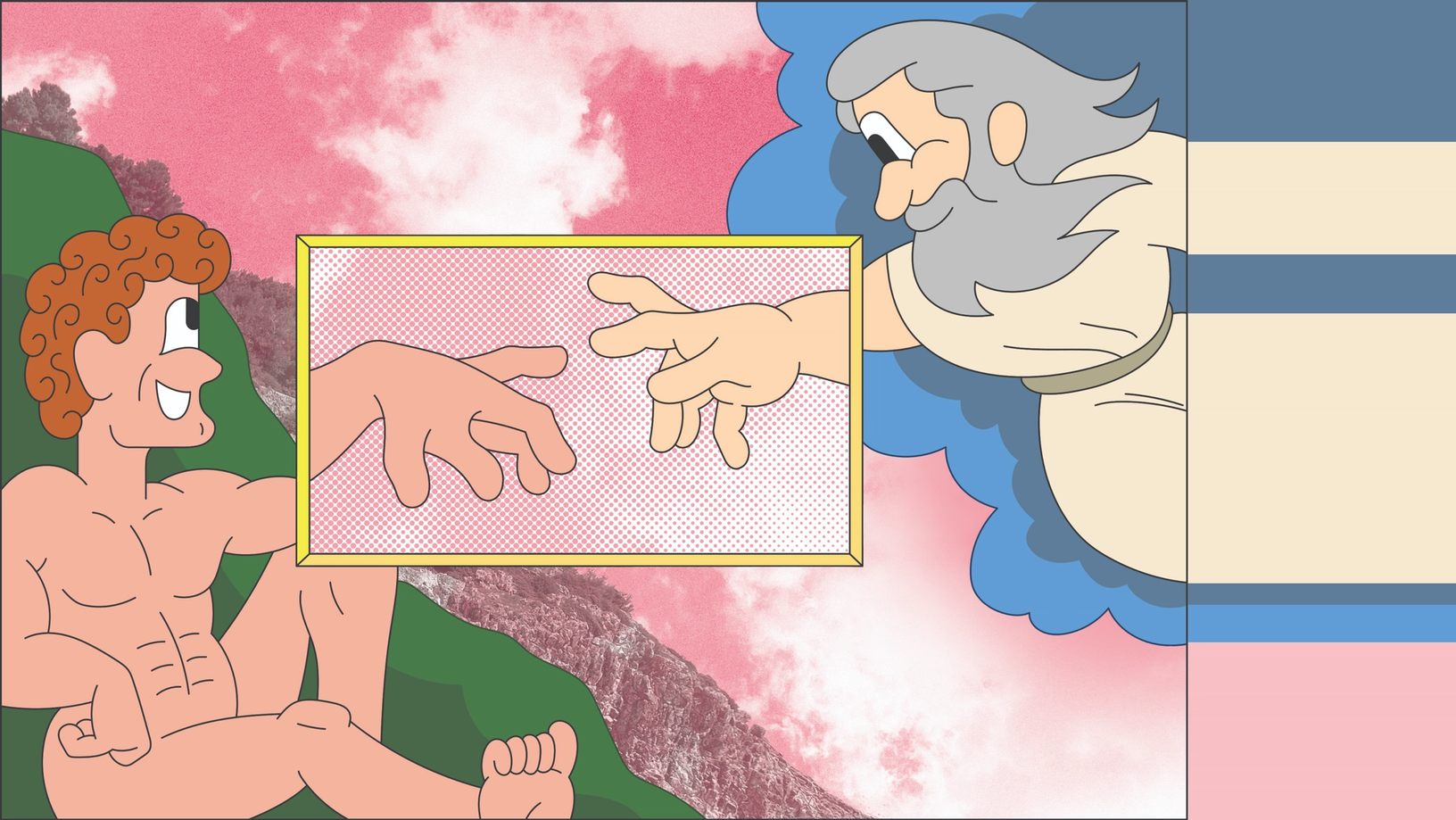 Illustration mimicking Michelangelo’s The Creation of Adam with a zoomed-in inset showing the hands have too many fingers