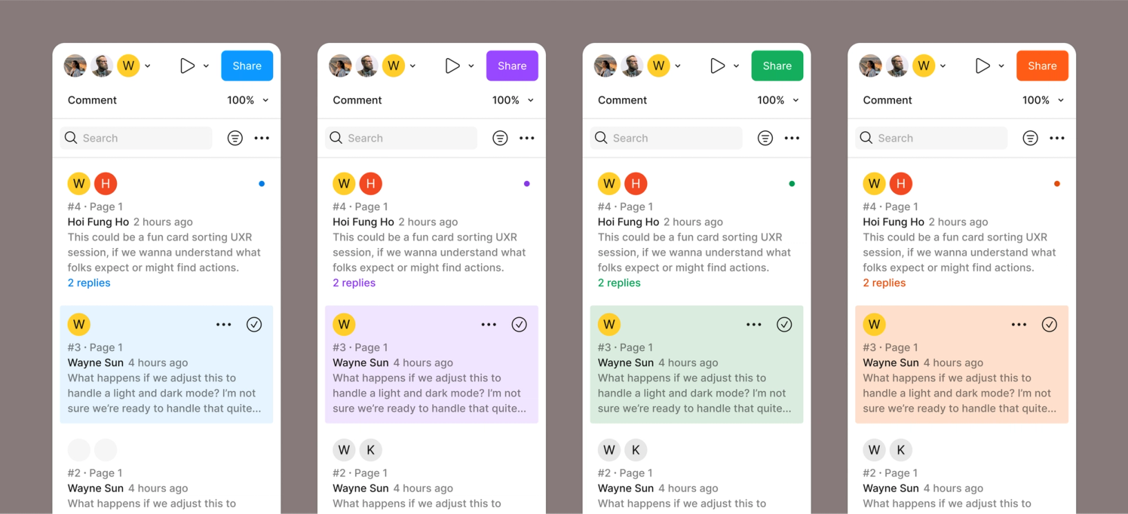 Four side-by-side mobile UI designs displaying a comment thread with different background colors: light blue, light purple, light green, and light orange. Each UI shows comments from two users, "Hoi Fung Ho" and "Wayne Sun," discussing a potential UX research session. The comment backgrounds differ to illustrate various color-coded themes or states, while header icons and buttons remain consistent across the designs.