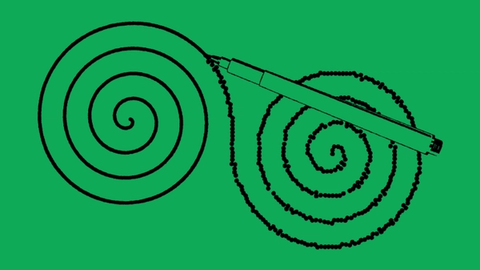 One dotted spiral connects to a smooth, refined spiral. The tip of a pen marks where they connect.