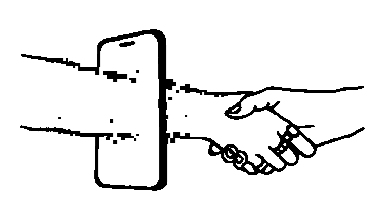 A hand reaches through a phone and shakes another hand on the other side.