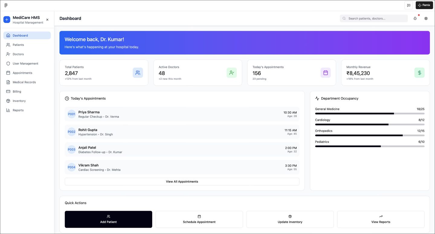 Screenshot of the hospital management system dashboard, created using Figma Make.