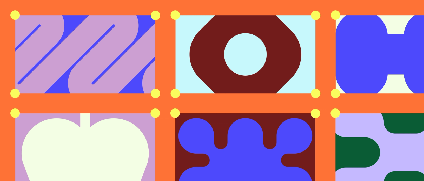A colorful abstract design featuring a grid of six rectangles arranged in two rows of three. The grid is outlined with bright orange borders connected by yellow dots at the intersections. Each rectangle contains unique shapes and patterns in various colors, including purple, blue, green, white, and brown, creating a visually dynamic and modern composition.