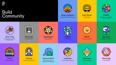 Illustration featuring diverse Figma community groups represented as icons or badges around the words "Figma Community". Groups include: Friends of Figma, Figma for Education, Figma for Nonprofits, Figma for Startups, Figma for Government, Black Designers at Figma, Women in Design, LGBTQ+ Community, Accessibility Advocates, Latinx in Design, Asian & Pacific Islander Creatives, and Indigenous Creators. The design uses vibrant colors and expressive illustrations to celebrate inclusion and creativity within the community.