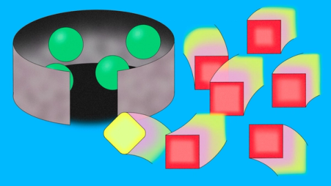Abstract digital illustration with a cutaway cylinder containing green spheres on the left, and a scattered arrangement of red cubes, yellow rounded shapes, and translucent overlays on a blue background—representing a system with elements being distributed or deployed.