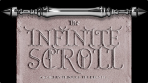A textured scroll graphic with the title "The Infinite Scroll" in an ornate serif font. The scroll handle is metallic, and the tagline reads "A Journey Through the Infinite..." in smaller italicized font at the bottom.