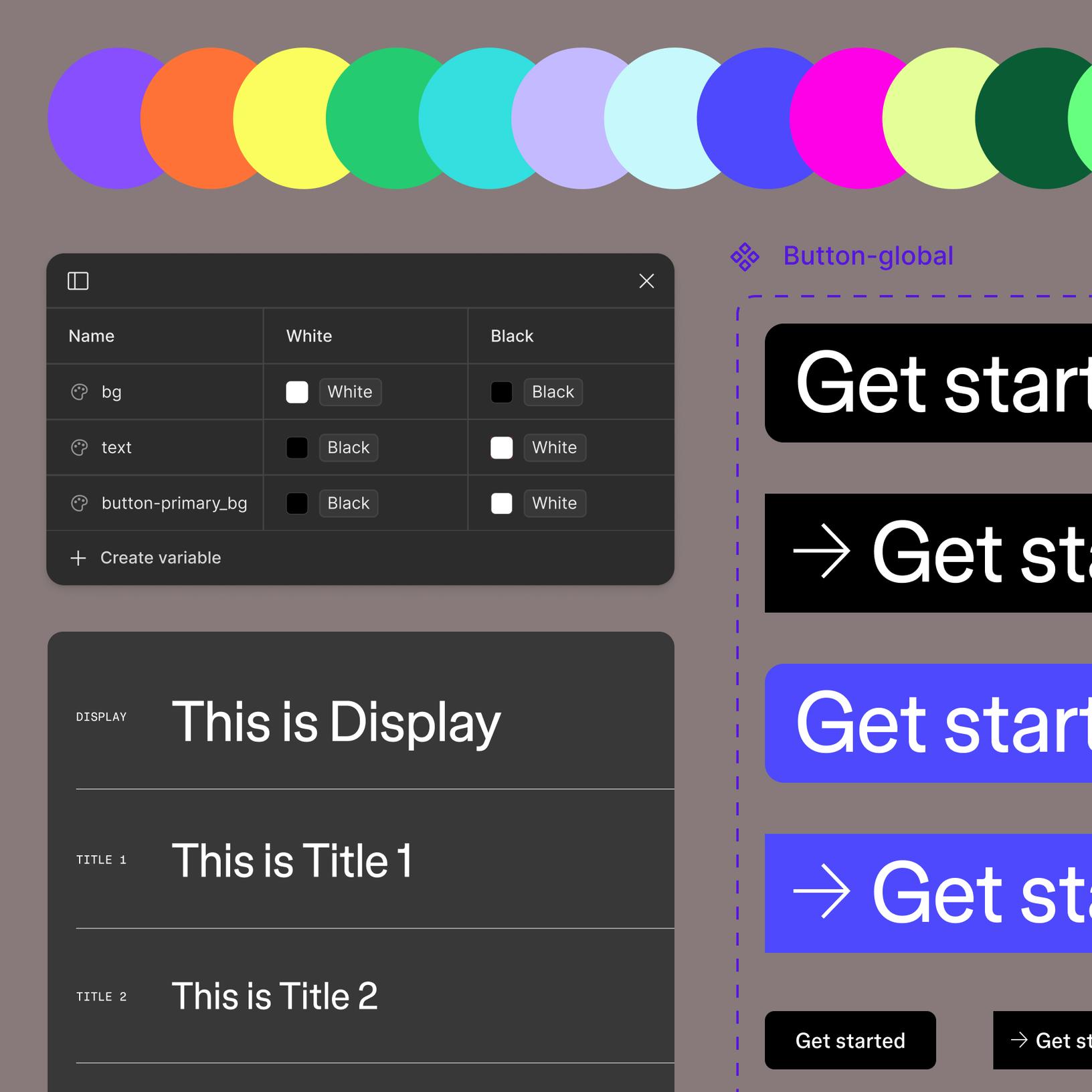 A settings panel with color swatches and style controls for elements like background and text. Text samples with different styles ("This is Display," "This is Title 1," "This is Title 2") demonstrate variations in typography.