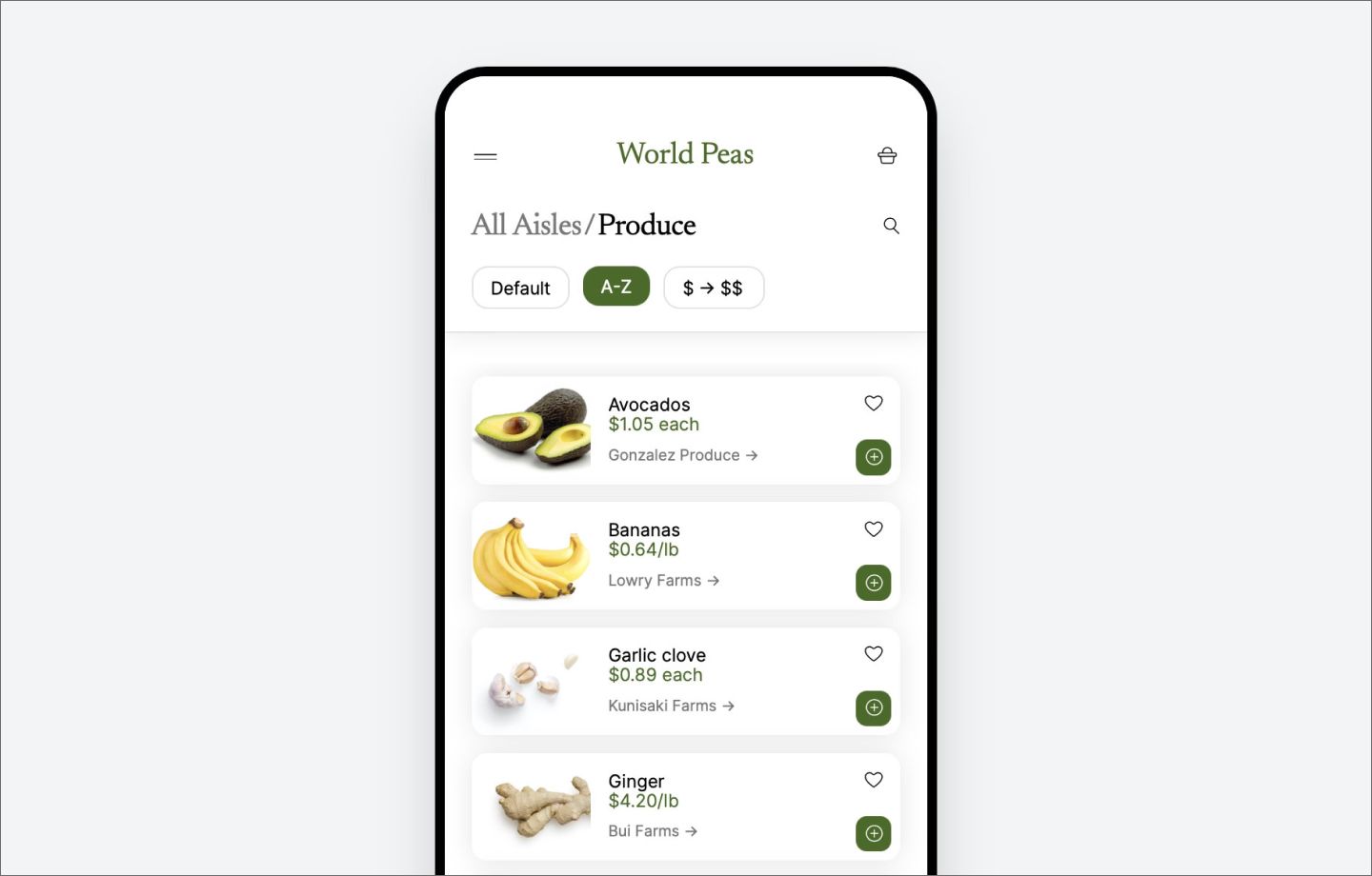 Screenshot of an interactive grocery app, made with Figma Make