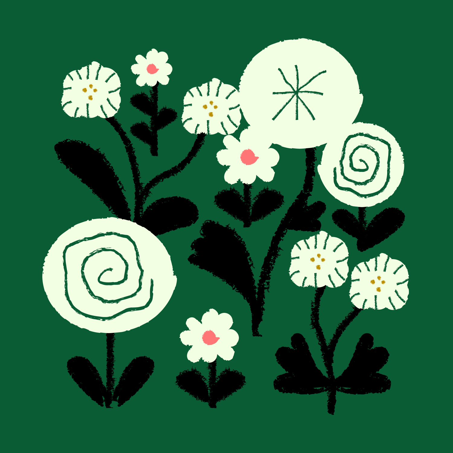 Stylized cream and white flowers with black stems and leaves are arranged on a dark green background.