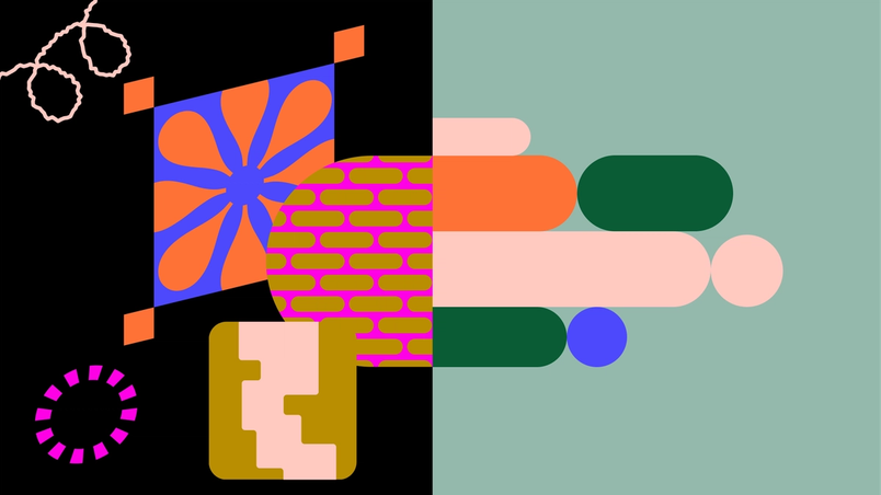 Eine abstrakte Illustration mit geteiltem Hintergrund. Die linke Seite ist schwarz mit einem blauen Diamanten, einem orangefarbenen Blumenmotiv, verstreuten orangefarbenen Quadraten und kräftigen grafischen Akzenten in Magenta und Olivgrün. Die rechte Seite ist türkis mit gestapelten horizontalen Pillenformen in Orange, Rosa und dunklem Türkis, durchsetzt mit kleinen blauen und rosa Kreisen.