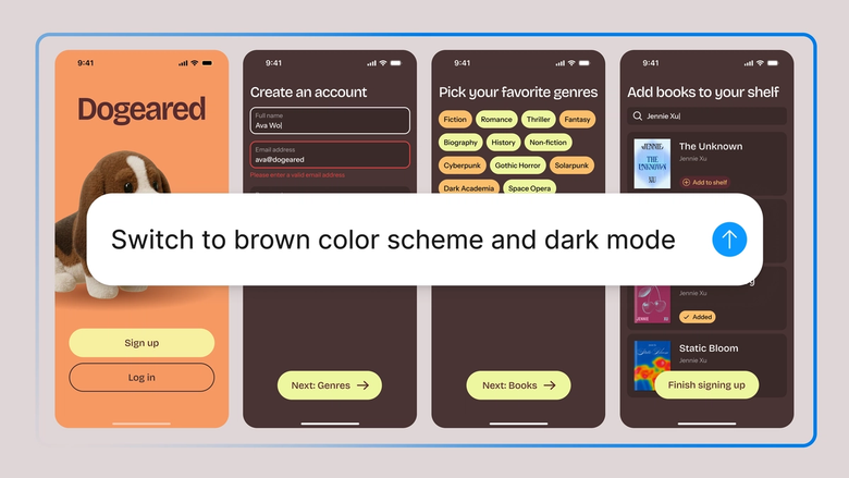 Figma AI agent chat interface showing a color scheme switcher with dark mode toggle applied to a design system