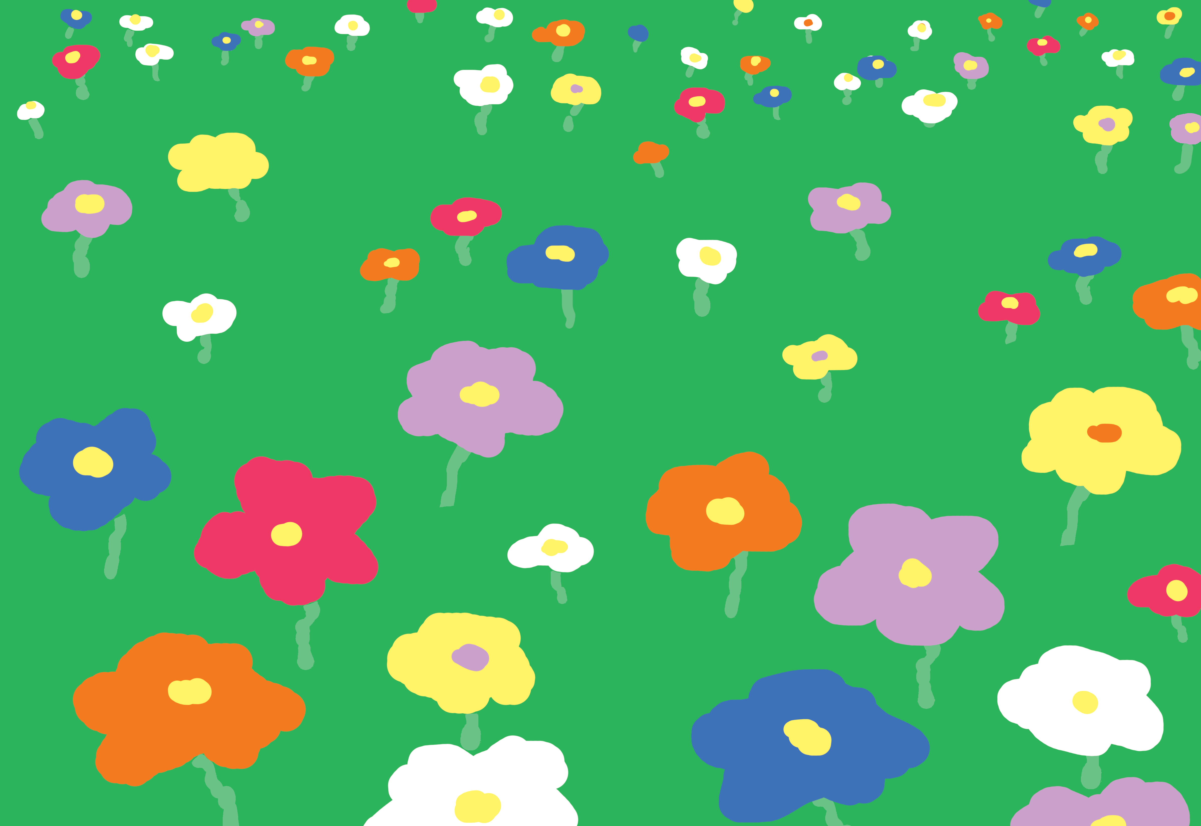 Flower-filled green meadow with colorful blossoms of varying sizes scattered across the field, creating a cheerful springtime scene.