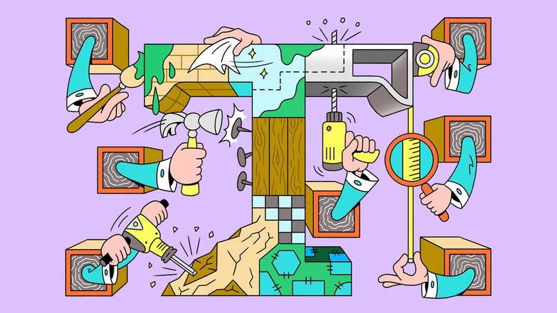 Illustrated letter T being built with hands using paint, drill, hammer, tape measure, and chisel on a purple background.