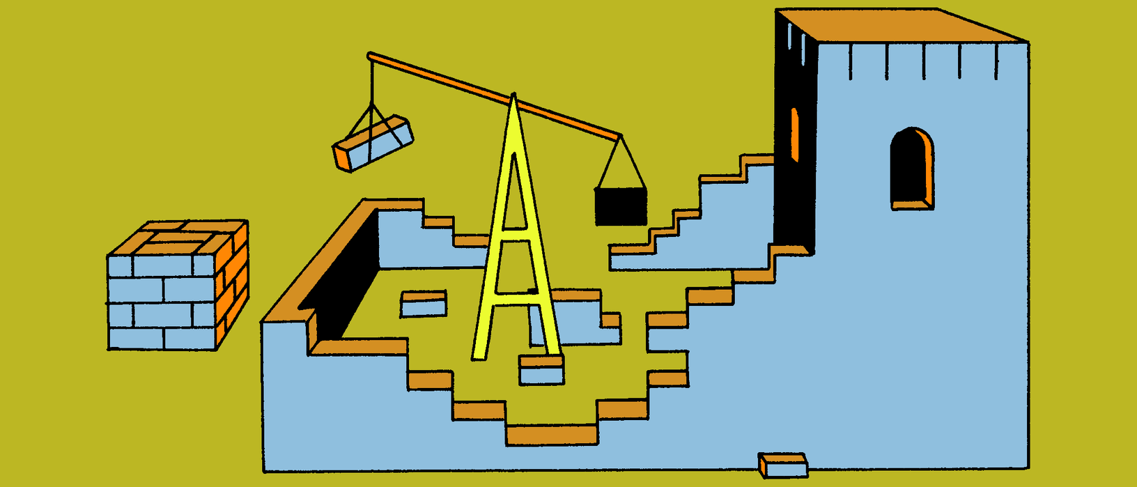 A crane is moving bricks from a cube over to a blue castle that's currently under construction.