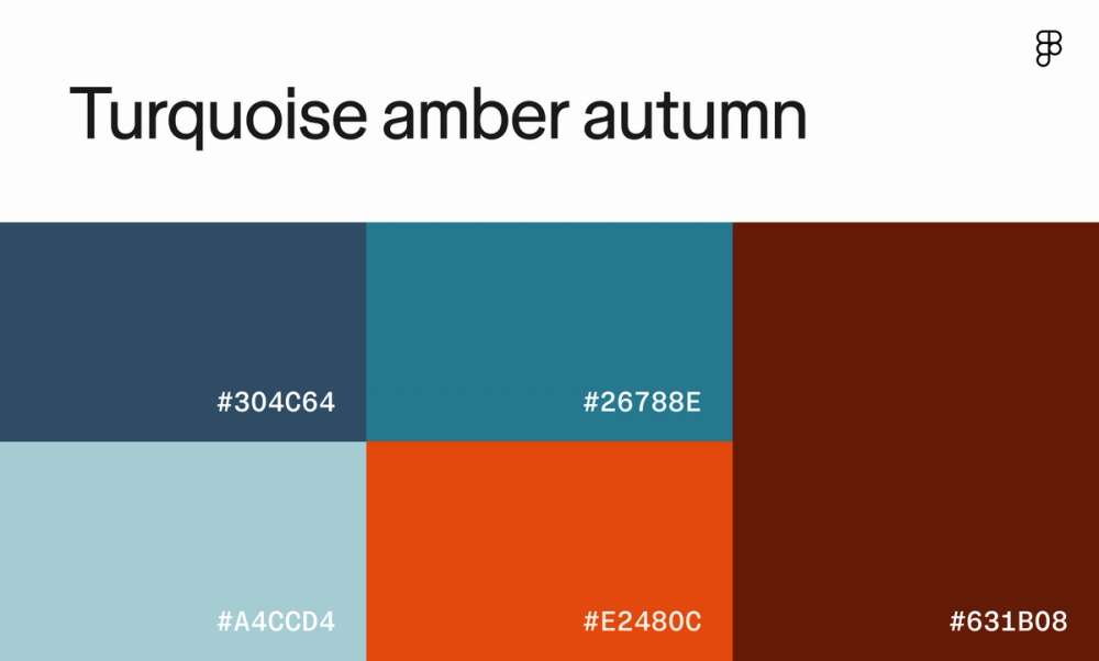 Color scheme with shades of cool blues paired with orange and red.