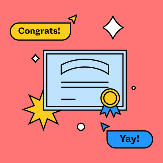 blue certificate with a medal on top of it surrounded by the words congrats and yay