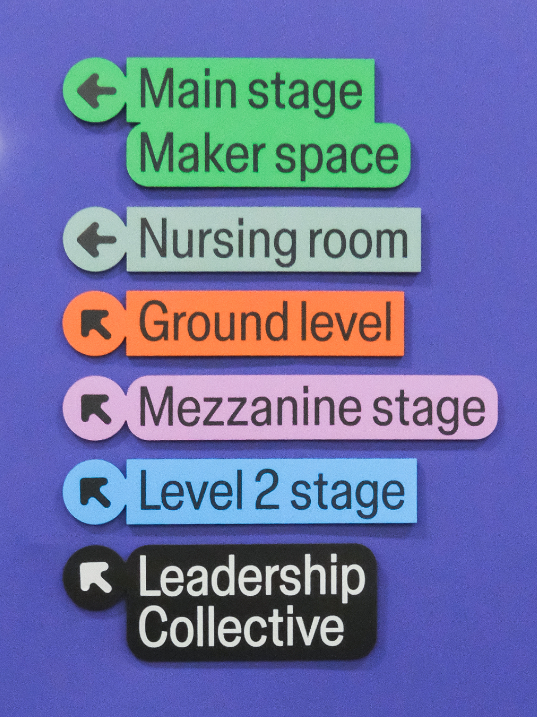 Color-coded event signs with arrows point to stages, nursing room, and Leadership Collective at venue.
