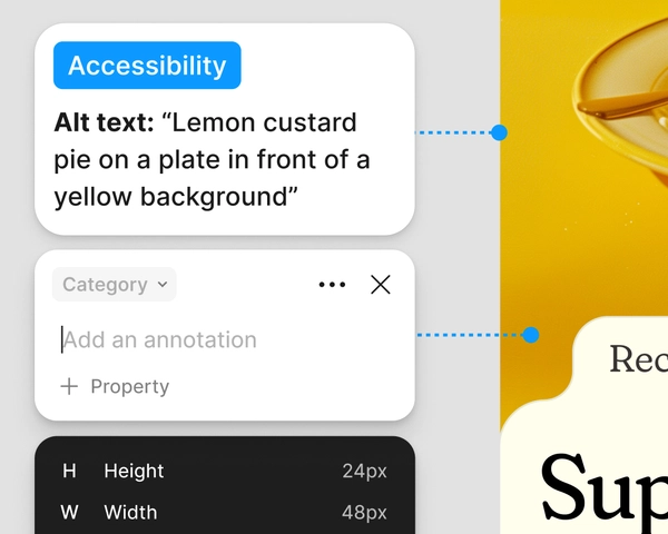 un design avec un texte alternatif de catégorie et des boîtes d'annotation pour la hauteur et la largeur
