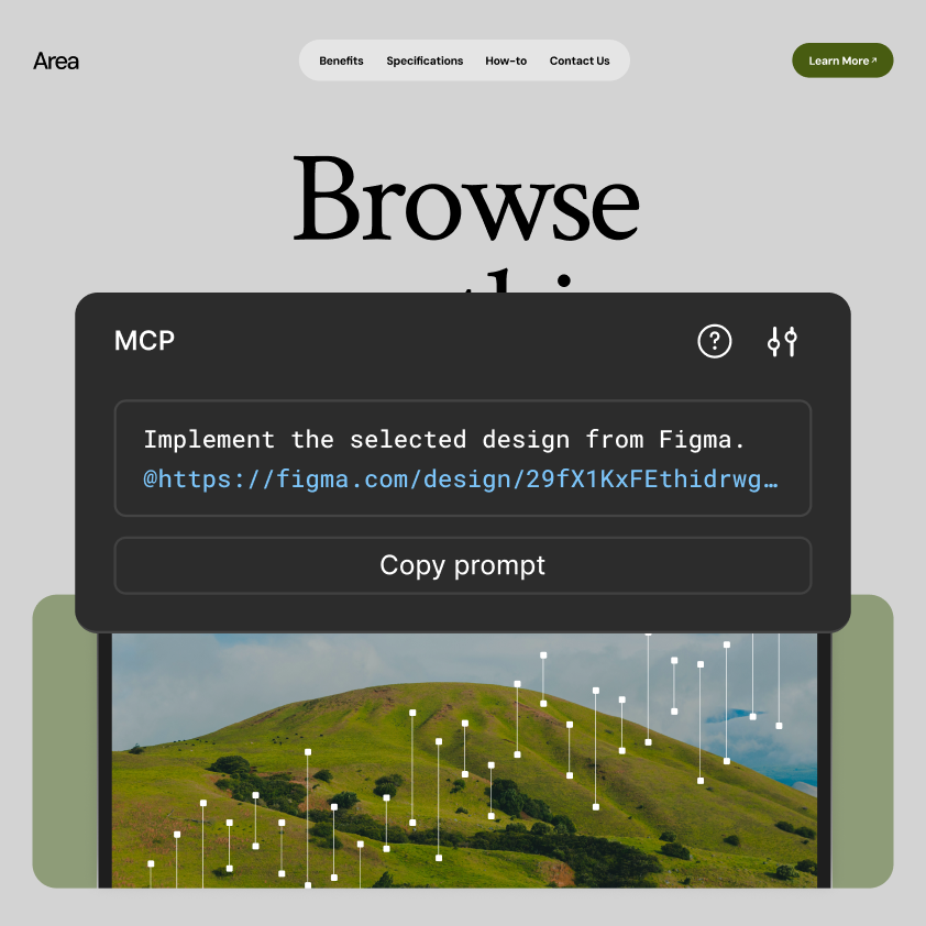 Figma MCP server interface showing a modal with instructions to implement a selected design from Figma, including a design file link and 'Copy prompt' button, overlaid on a web prototype landing page