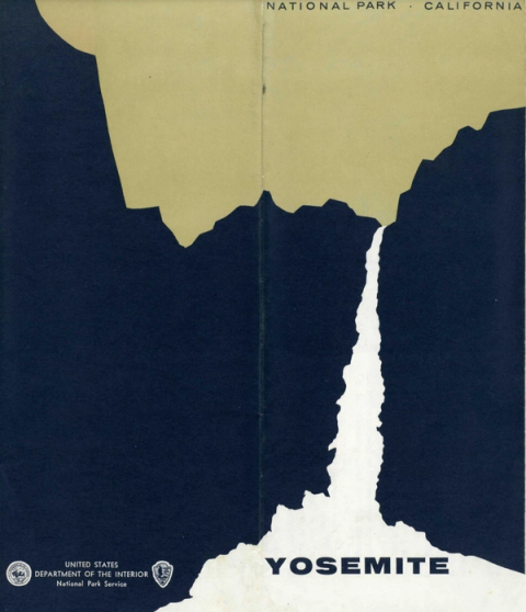 Pamphlet front and back cover showing a minimalist black and yellow illustration of a waterfall and Yosemite in bold sans serif font at the bottom