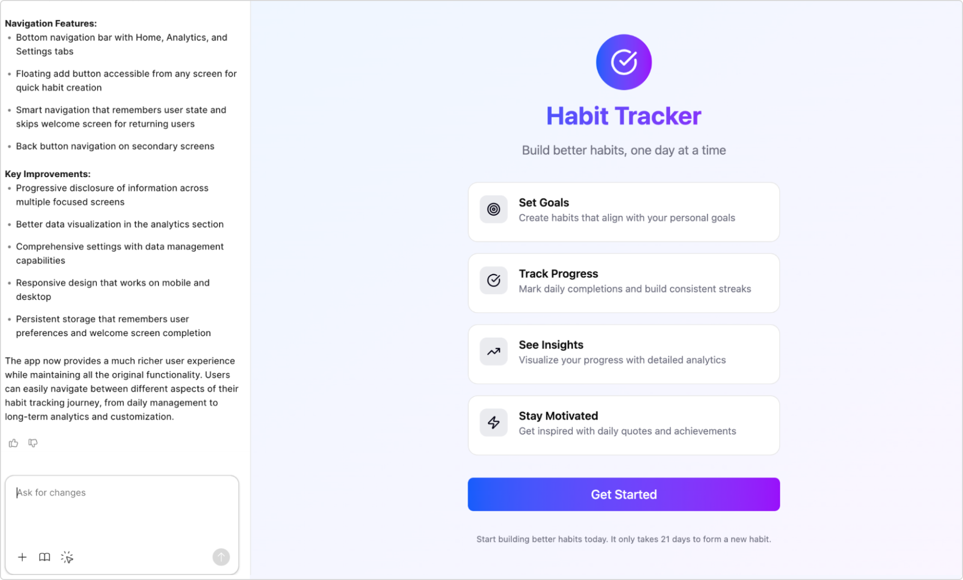 A Figma Make screenshot of the habit tracker app in the prototyping stage.