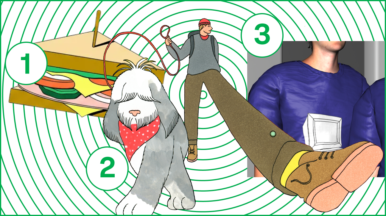 (1) a triangular sandwich (2) a man in a red beanie walking a sheepdog (3) 3D illustration of a person wearing a computer T-shirt