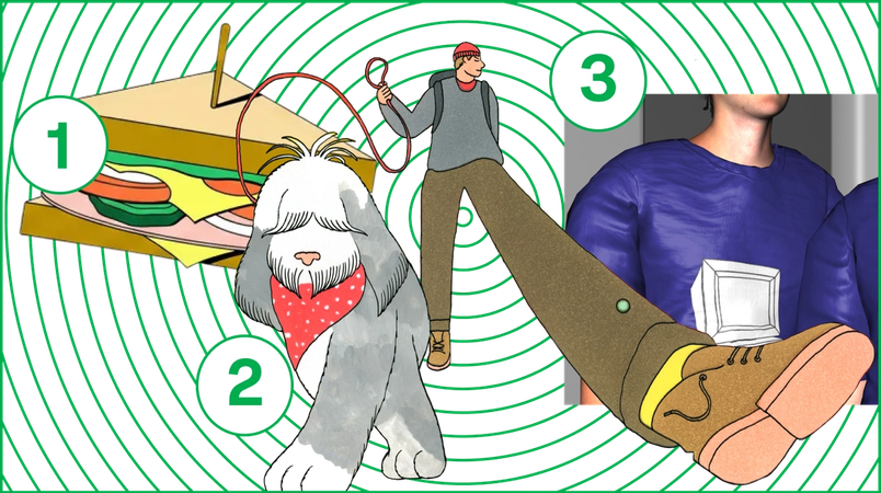 (1) a triangular sandwich (2) a man in a red beanie walking a sheepdog (3) 3D illustration of a person wearing a computer T-shirt