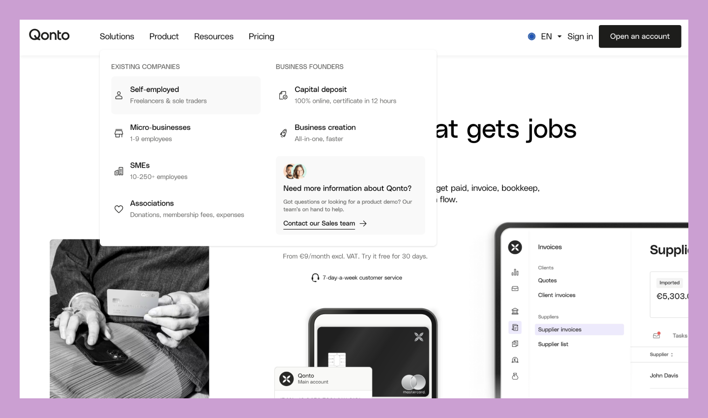 Screenshot of the Qonto website to show proper menu design as it relates to Fitt’s law.