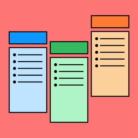 three columns of bullet pointed notes on a red background