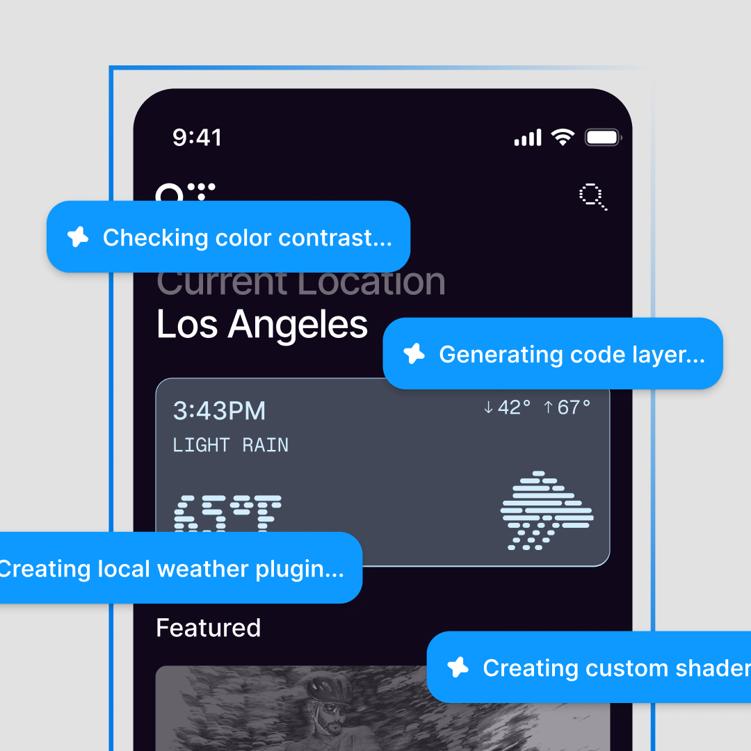 A mobile weather app for Los Angeles on the Figma canvas, with agent status messages reading 'Checking color contrast', 'Generating code layer', 'Creating local weather plugin', and 'Creating custom shader'.