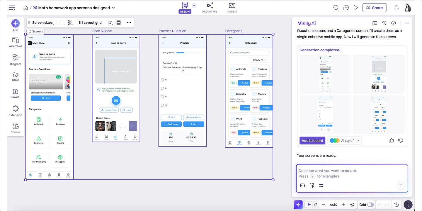 Image of Visily AI-designed screens for a math app.