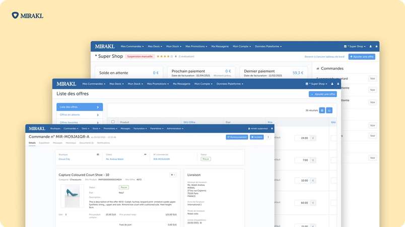 Image à fond jaune pâle présentant trois captures d’écran superposées de produits numériques Mirakl. Un logo Mirakl se trouve en haut à gauche de l’image.