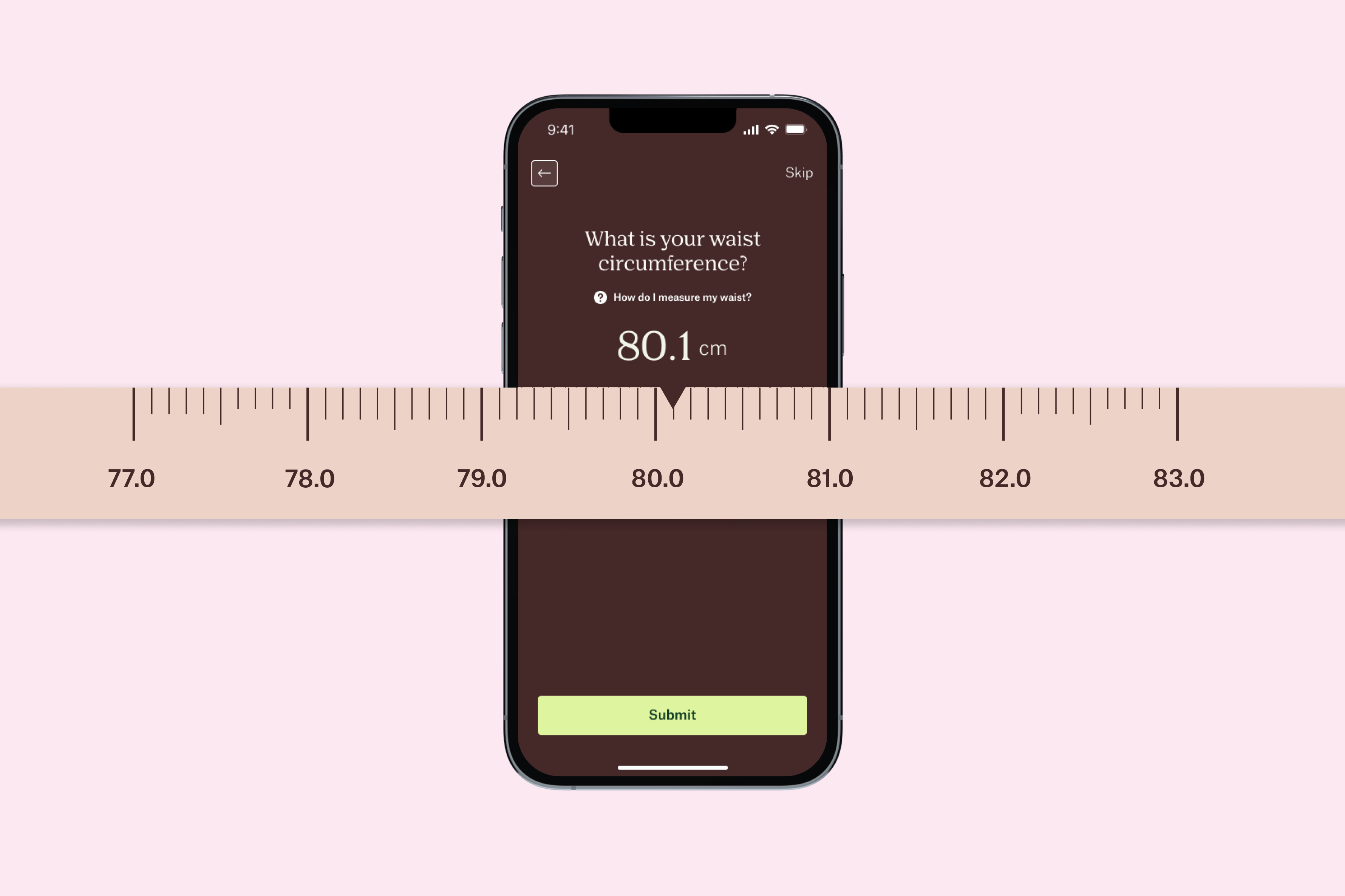Eucalyptus app on a smartphone, displaying on screen a waist circumference