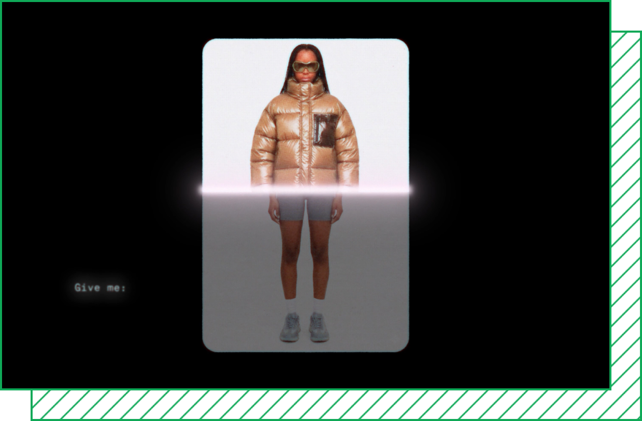 A woman’s outfit changes from basics to a brown puffer jacket and futuristic glasses.